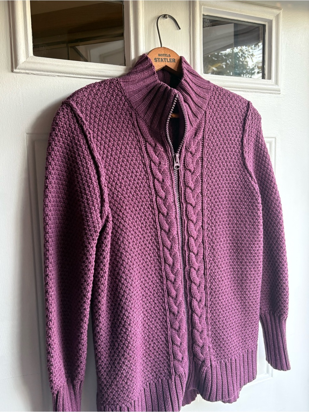 Ruff Hewn Purple Cable Knit Mock Neck Cotton Blend Zip-Up Sweater Women’s M